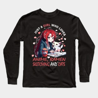 Just a Girl Who Loves Ramen Cat Anime Sketching Long Sleeve T-Shirt